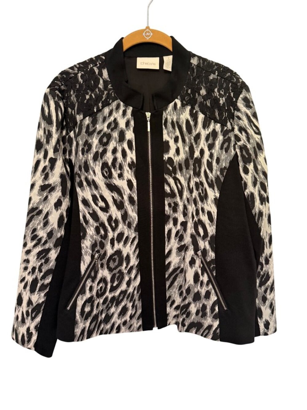 Chico's Full Zip Jacket Black White Cheetah With Lace Womans 3/XLP